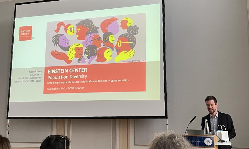 Einstein Center Population Diversity Director Dr Paul Gellert presenting at launch event in Berlin